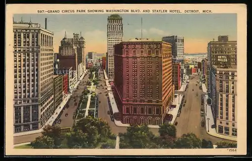 AK Detroit, MI, Grand Circus Park Showing Washington Blvd. and Statler Hotel