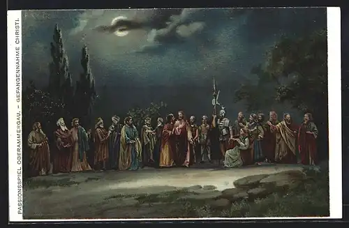 AK Oberammergau, Passionsspiel, Gefangennahme Christi, Szenenbild der Verhaftung Christi durch römische Soldaten