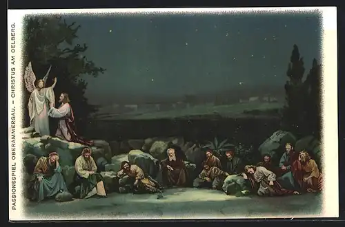 AK Oberammergau, Passionsspiel, Christus am Oelberg, Jesus Christus mit dem Engel und den schlafenden Jüngern