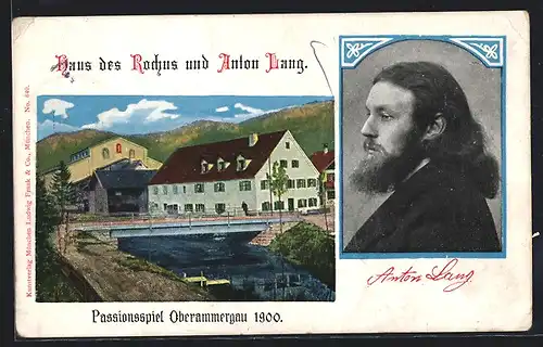 Künstler-AK Oberammergau, Haus des Rochus, Portrait des Christus-Darstellers Anton Lang