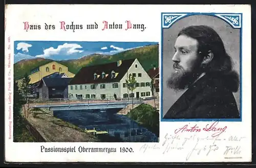 Künstler-AK Oberammergau, Haus des Rochus, Portrait des Christus-Darstellers Anton Lang