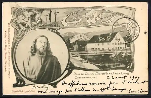 Künstler-AK Oberammergau, Portrait und Haus des Christus-Darstellers Anton Lang, Kreuzigungsszene, Ornamente