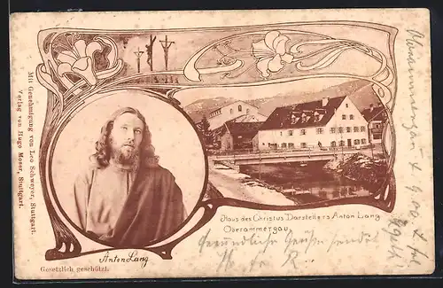 Künstler-AK Oberammergau, Portrait und Haus des Christus-Darstellers Anton Lang, Kreuzigungsszene, Ornamente