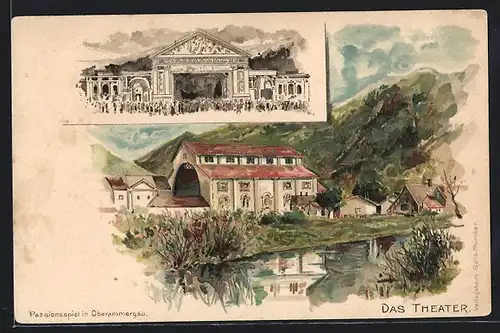 Lithographie Oberammergau, Blick zum Passionsspieltheater