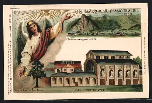 Künstler-AK Oberammergau, Passionsspiel 1900 - Engel, Passionstheater, Ortsansicht mit Kofel
