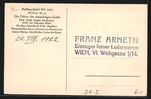 AK Erl, Passionsspiel 1912, Prof. Fugel, Dr. Schmidt, Rainer & Dörrer