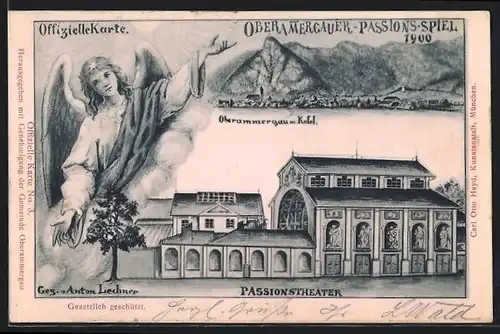 Künstler-AK Oberammergau, Passionsspiel 1900 - Engel, Passionstheater, Ortspanorama mit Kofel