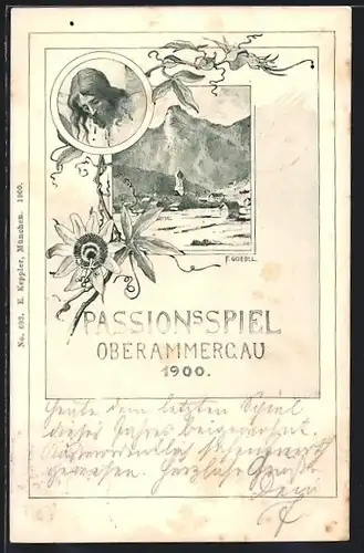 Künstler-AK F. Goebel: Passionsspiel Oberammergau 1900, Jesus am Kreuze, Ortsansicht