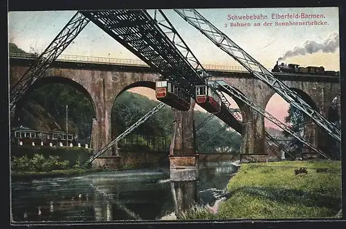 AK Schwebebahn Elberfeld-Barmen, 3 Bahnen an der Sonnbornerbrücke