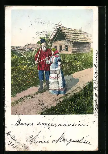 Foto-AK Russisches Bauernpaar in Trachtenkleidung