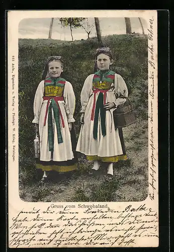 AK zwei Mädchen in schwäbischer Tracht mit Korb und Milchkanne