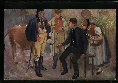 Künstler-AK Menschen in schwäbischer Volkstracht mit einer Kuh