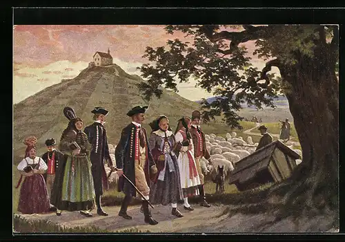 AK Familie in schwäbischen Volkstrachten auf dem Weg zur Kappelle