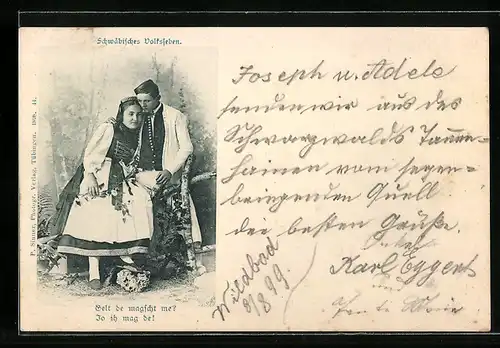 AK Gelt de magscht me?, Liebespaaar in schwäbischer Tracht, Schwäbisches Volksleben