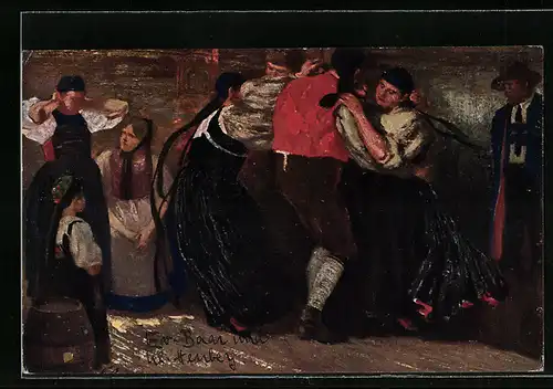 Künstler-AK Leute in schwäbischer Tracht bei einem Tanz