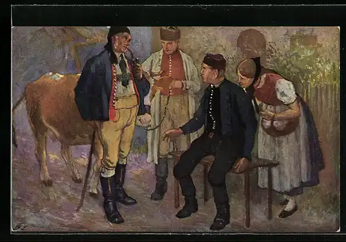 Künstler-AK Menschen in schwäbischer Volkstracht mit einer Kuh