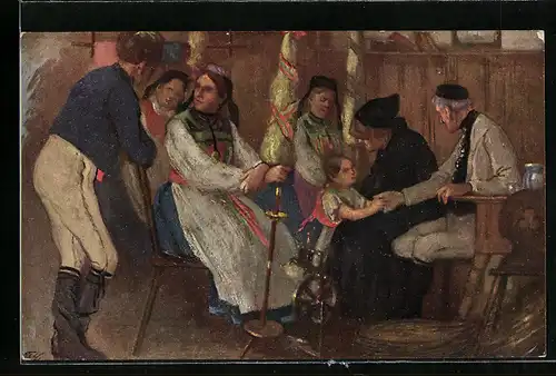 Künstler-AK Männer und Frauen in schwäbischer Tracht, Frauen am Spinnrad