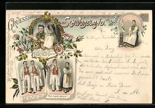 Lithographie Schwäbinnen, Schwäbisches Paar, Spinnerin in schwäbischer Tracht