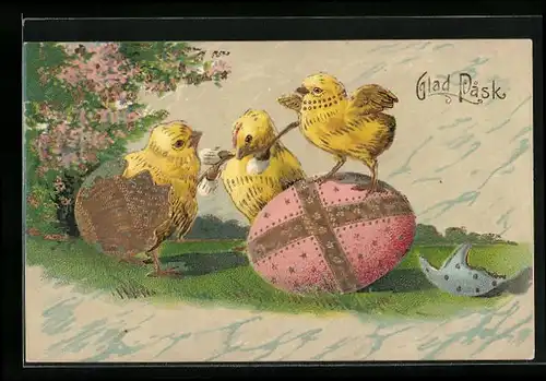 AK Osterküken mit Ostereiern