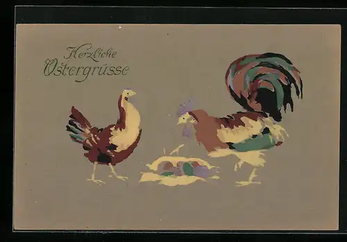 AK Hühner mit Osternest