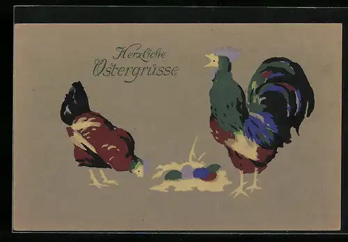 AK Hühner mit Osternest