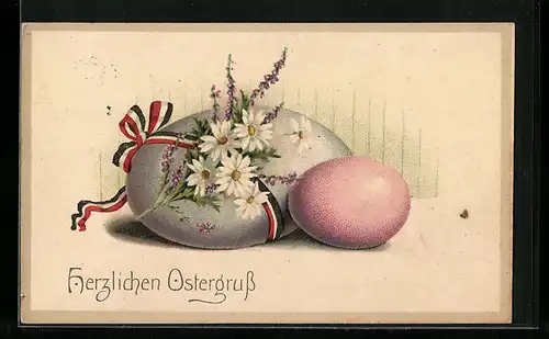 AK Ostereier mit Blumen und Schleife