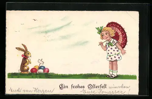AK Mädchen mit Schirm erblickt Osterhasen