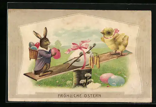 AK Osterhase und Küken auf der Wippe