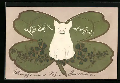 AK Glücksschwein mit Kleeblatt