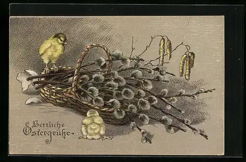 AK Osterküken mit Weidenkätzchenkörbchen
