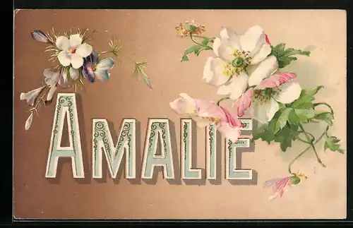 AK Namenstag, Amalie mit Wildrosen