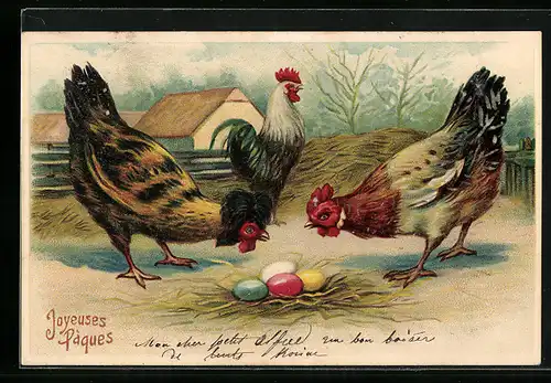 AK Hühner mit bunten Eiern, Ostergruss