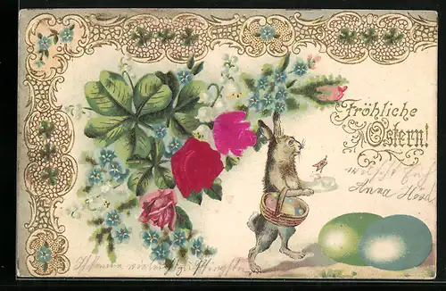 AK Osterhase mit Kleeblättern und Blumen