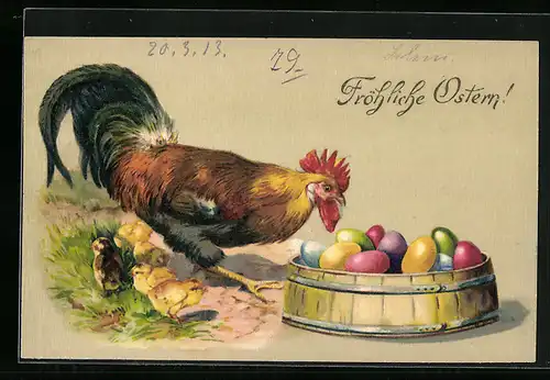 AK Hahn mit Osterküken, Ostereier