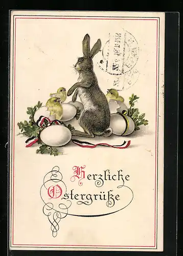 AK Osterhase begrüsst schlüpfende Küken