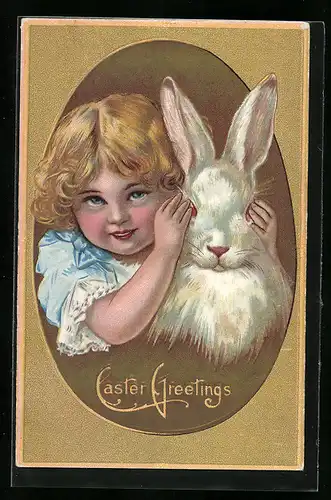 AK Easter Greetings, Mädchen hält Osterhase die Augen zu