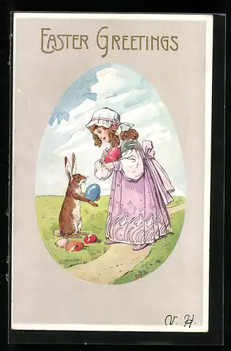 AK Osterhase überreicht einem Mädchen bemalte Ostereier