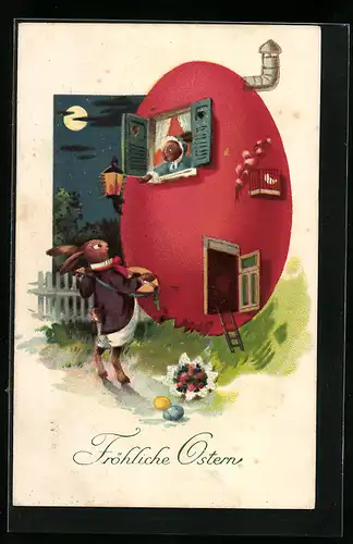 AK Osterhase mit Laute vor dem Eierhaus