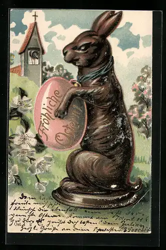 AK Osterhase mit Ei in den Armen