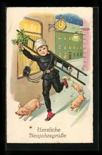 AK Schornsteinfeger mit Glücksschweinen