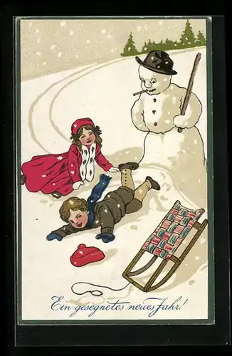 AK Kinder fahren mit Schlitten gegen einen Schneemann