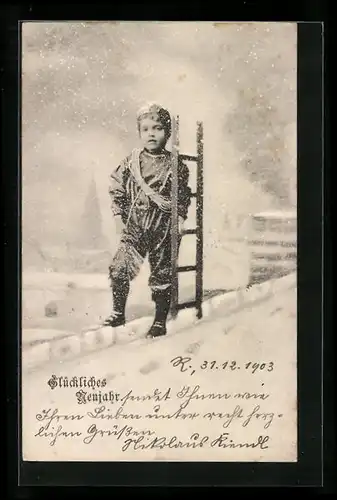 AK Schornsteinfeger im Schnee mit Leiter