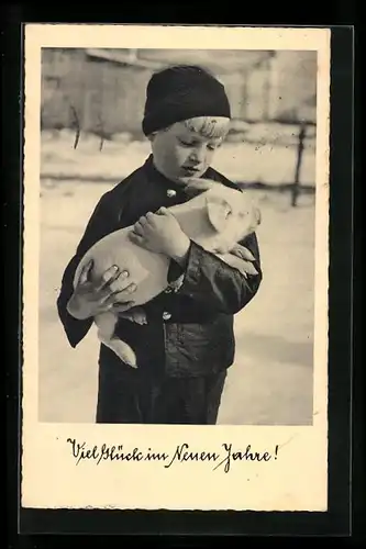 AK Schornsteinfeger mit Glücksschwein auf den Armen