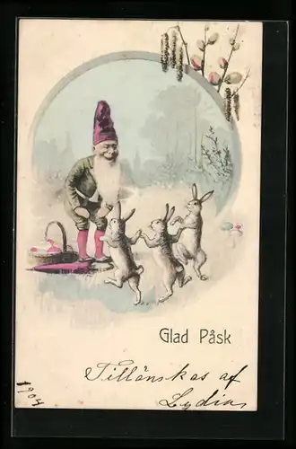 AK Zwerg mit Osterhasen