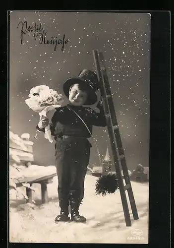 AK Schornsteinfeger mit Blumenstrauss und Leiter