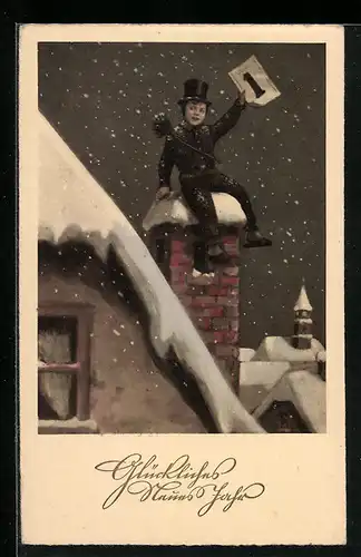 AK Schornsteinfeger auf dem verschneiten Dach