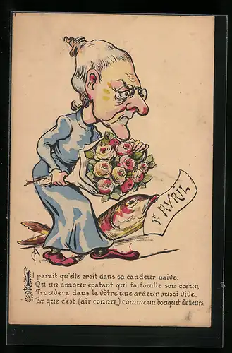 AK Ältere Dame mit Blumen zum 1. April, Karikatur