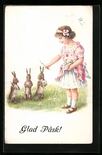 AK Osterhasen neben Mädchen