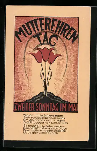 AK Mutterehrentag, Zweiter Sonntag im Mai, Rote Tulpen, Gedicht