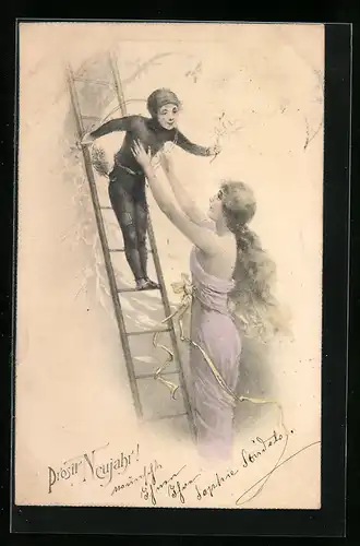 AK Dame hilft kleinem Schornsteinfeger von der Leiter